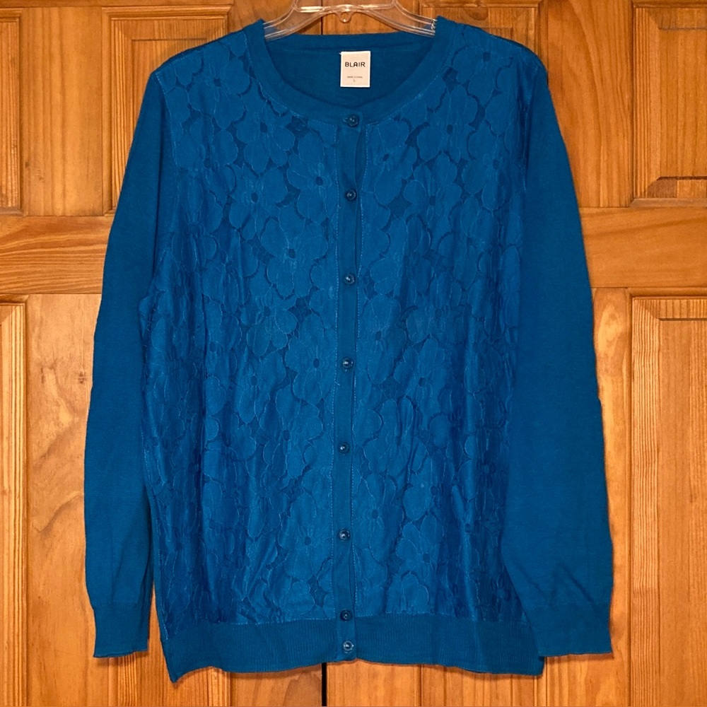NWOT Blair Lightweight Lace Front Knit Sweater Blue Size L Large